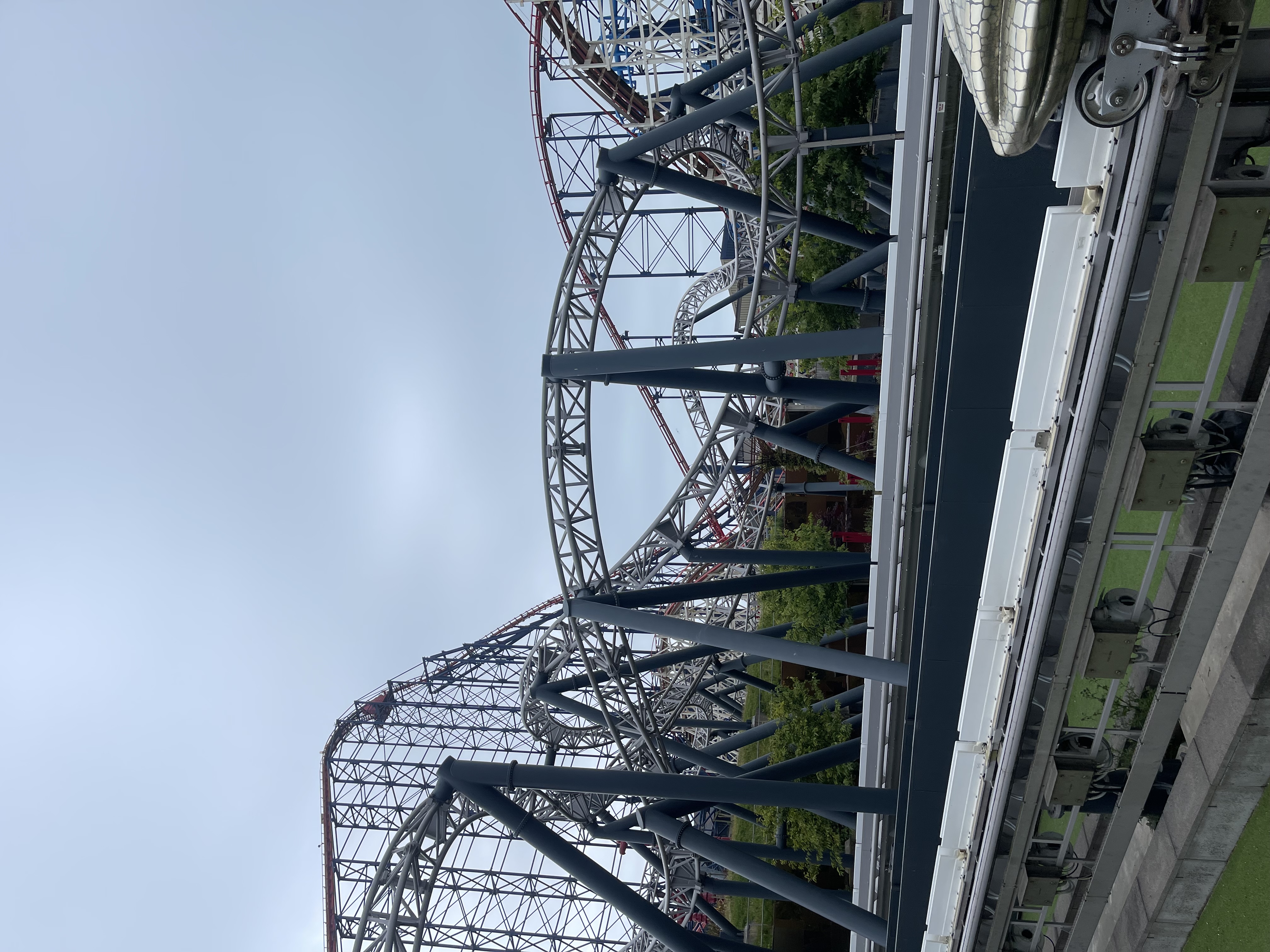 The steel tracks of a rollercoaster at Blackpool Pleasure Beach under a grey sky