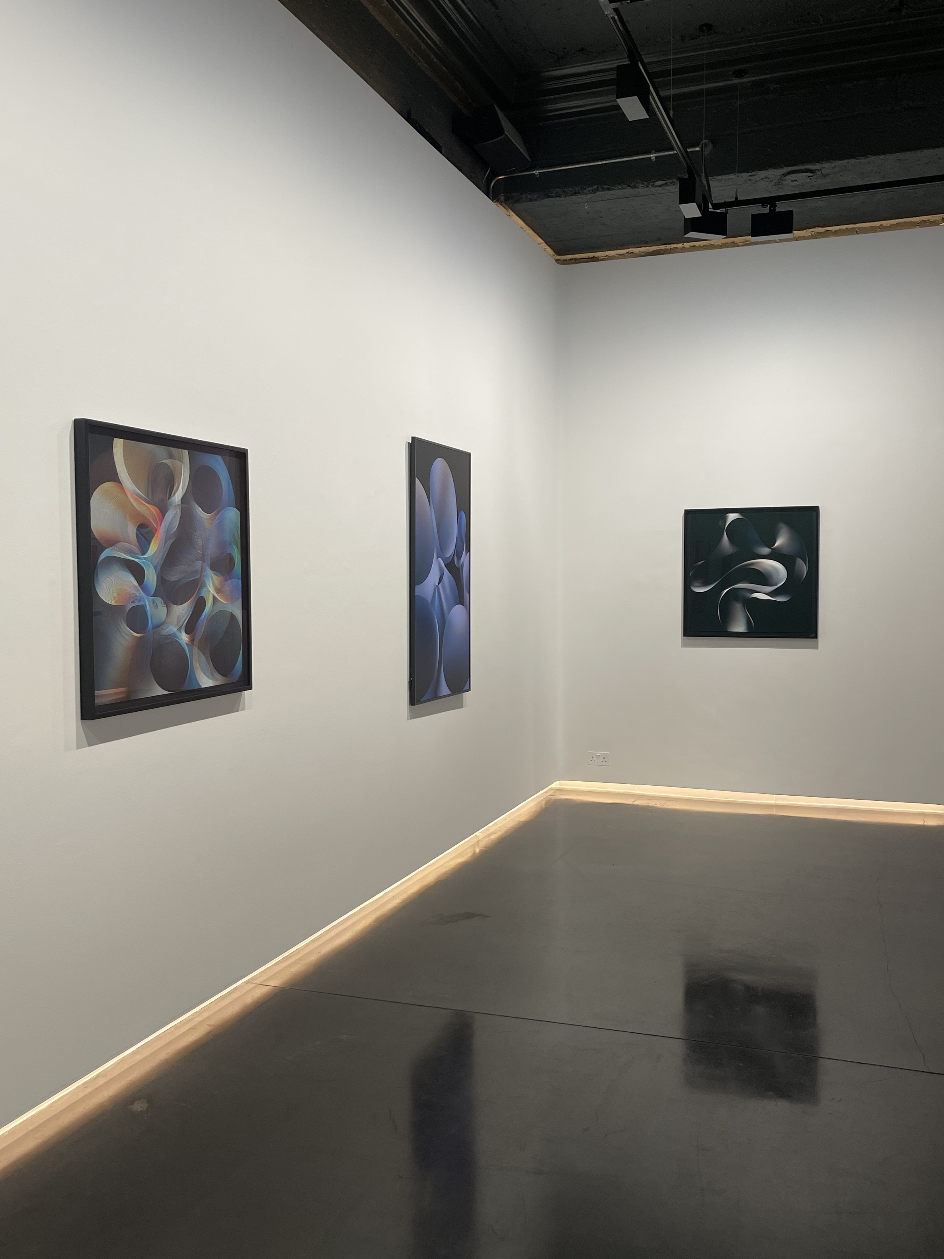 Three large dark prints of soft abstract shapes hung in a white gallery corner