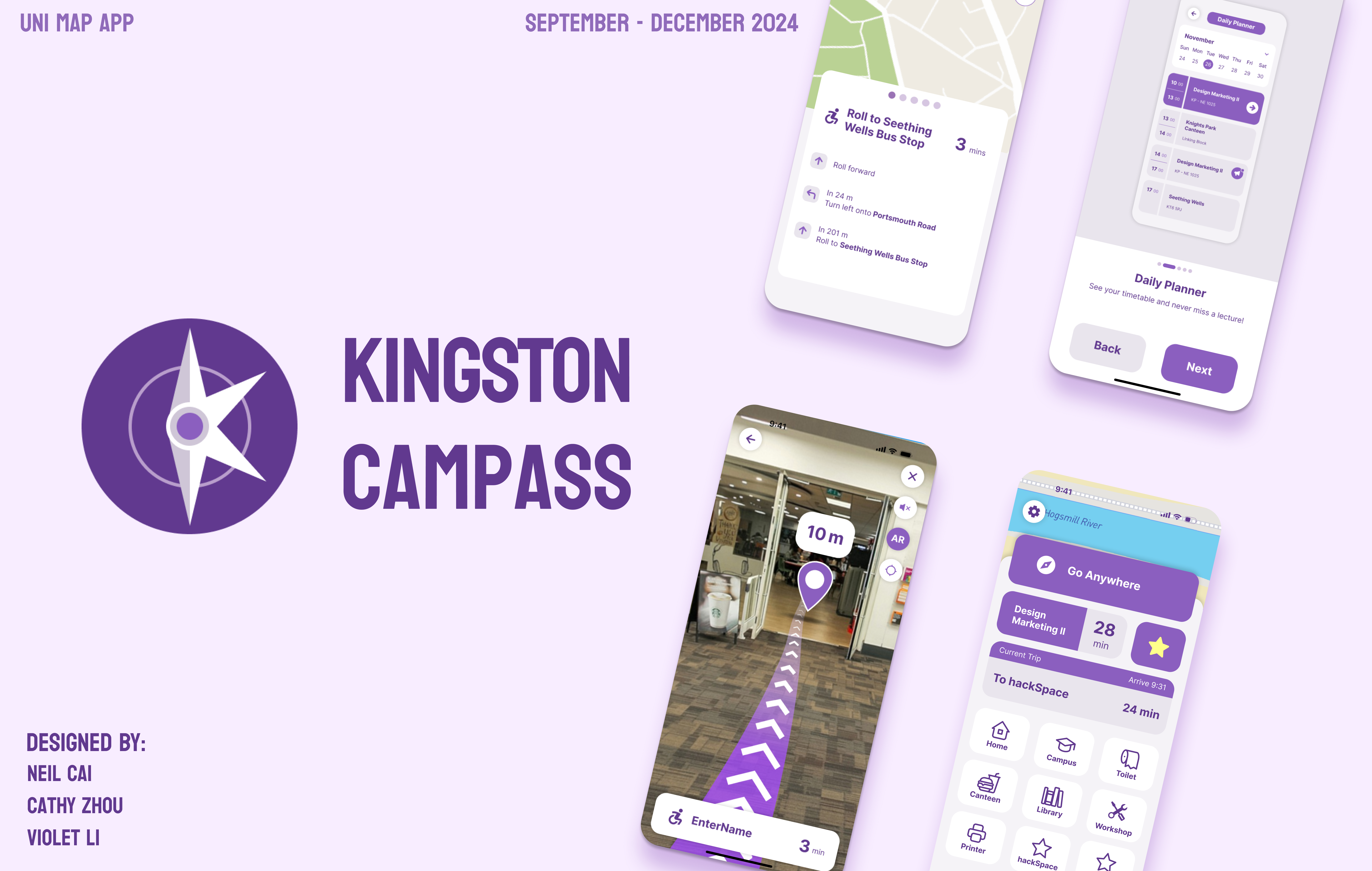 Kingston Campass cover: the compass logo and name with credits for Neil Cai, Cathy Zhou and Violet Li, beside phone screens for routes, a daily planner, AR directions and the home screen