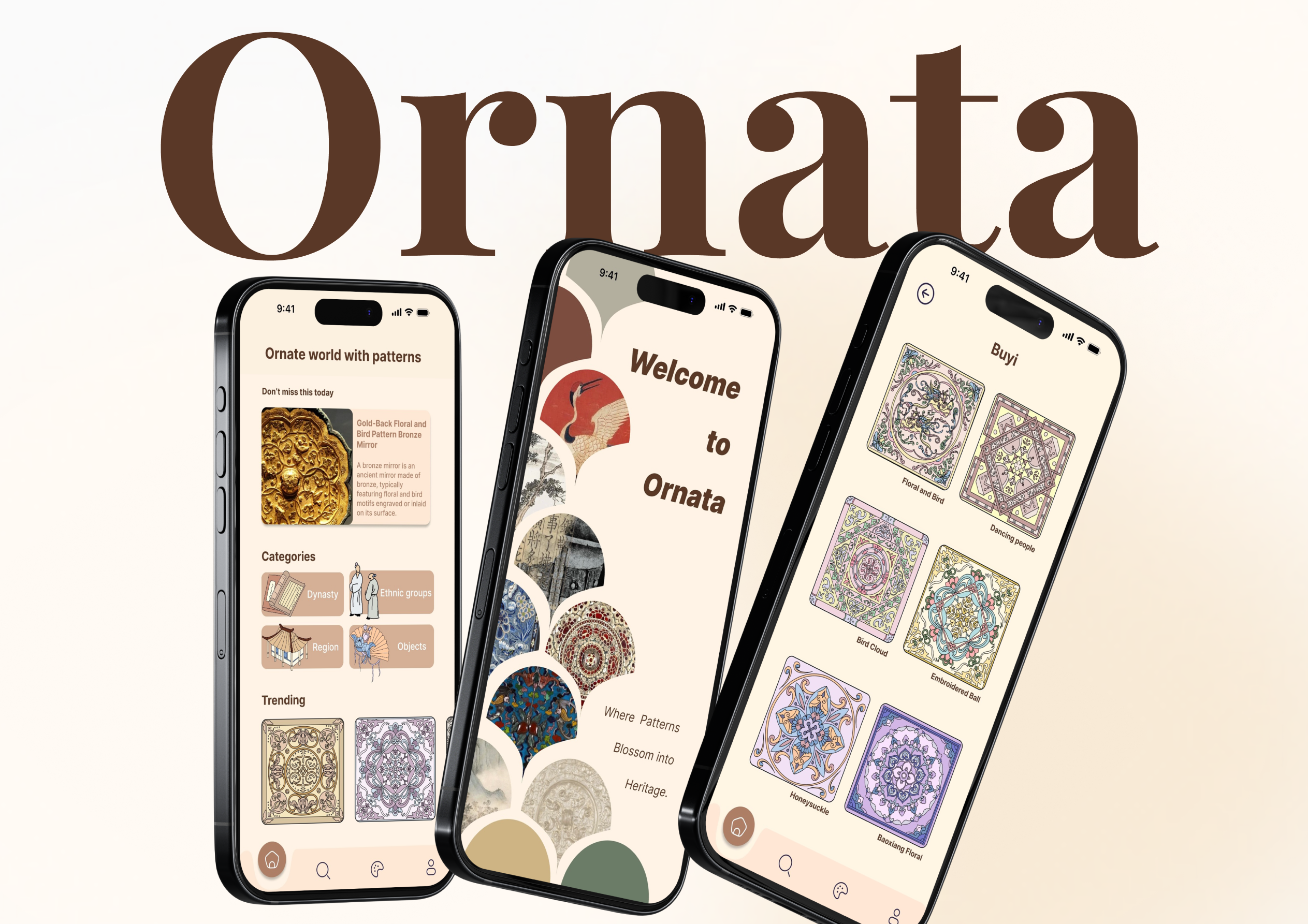 Ornata cover: the Ornata wordmark above three phones showing the home screen, the welcome screen and the Buyi pattern collection