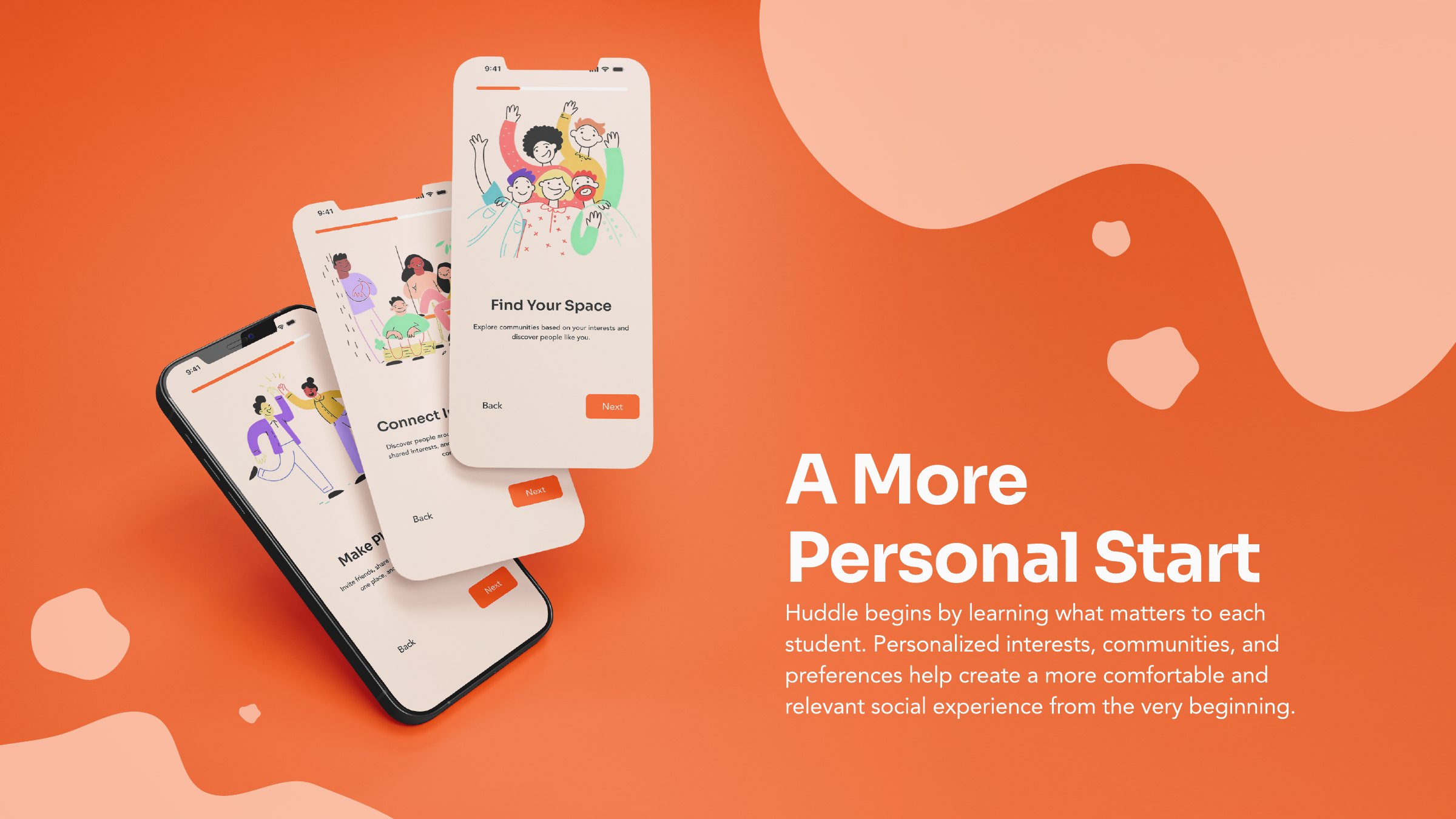 Lookbook, A More Personal Start: onboarding screens for choosing interests and communities. Huddle begins by learning what matters to each student.
