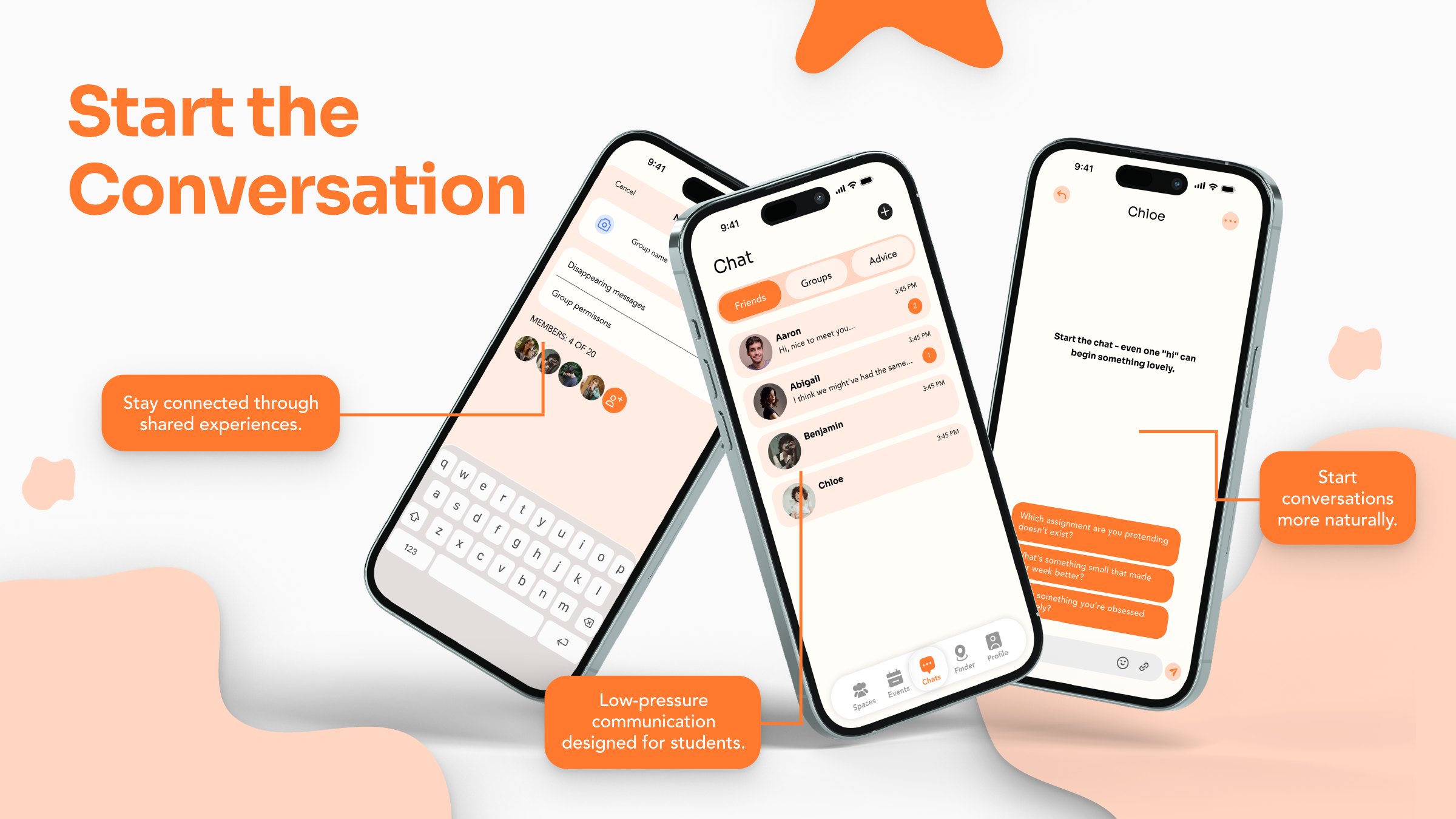 Lookbook, Start the Conversation: chat screens annotated Stay connected through shared experiences, Low-pressure communication designed for students, and Start conversations more naturally.