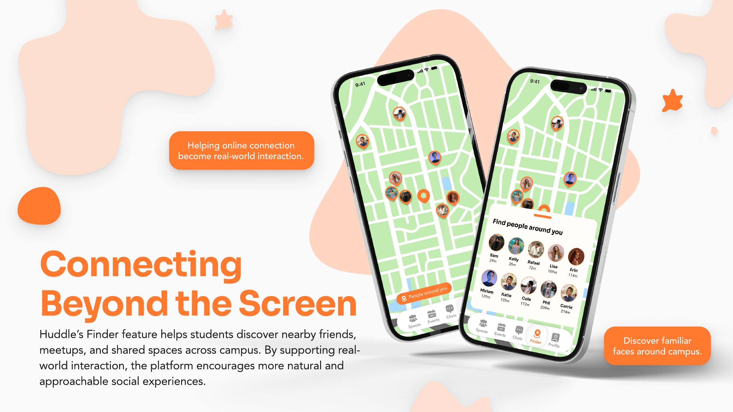 Lookbook, Connecting Beyond the Screen: Finder map screens annotated Helping online connection become real-world interaction, and Discover familiar faces around campus.