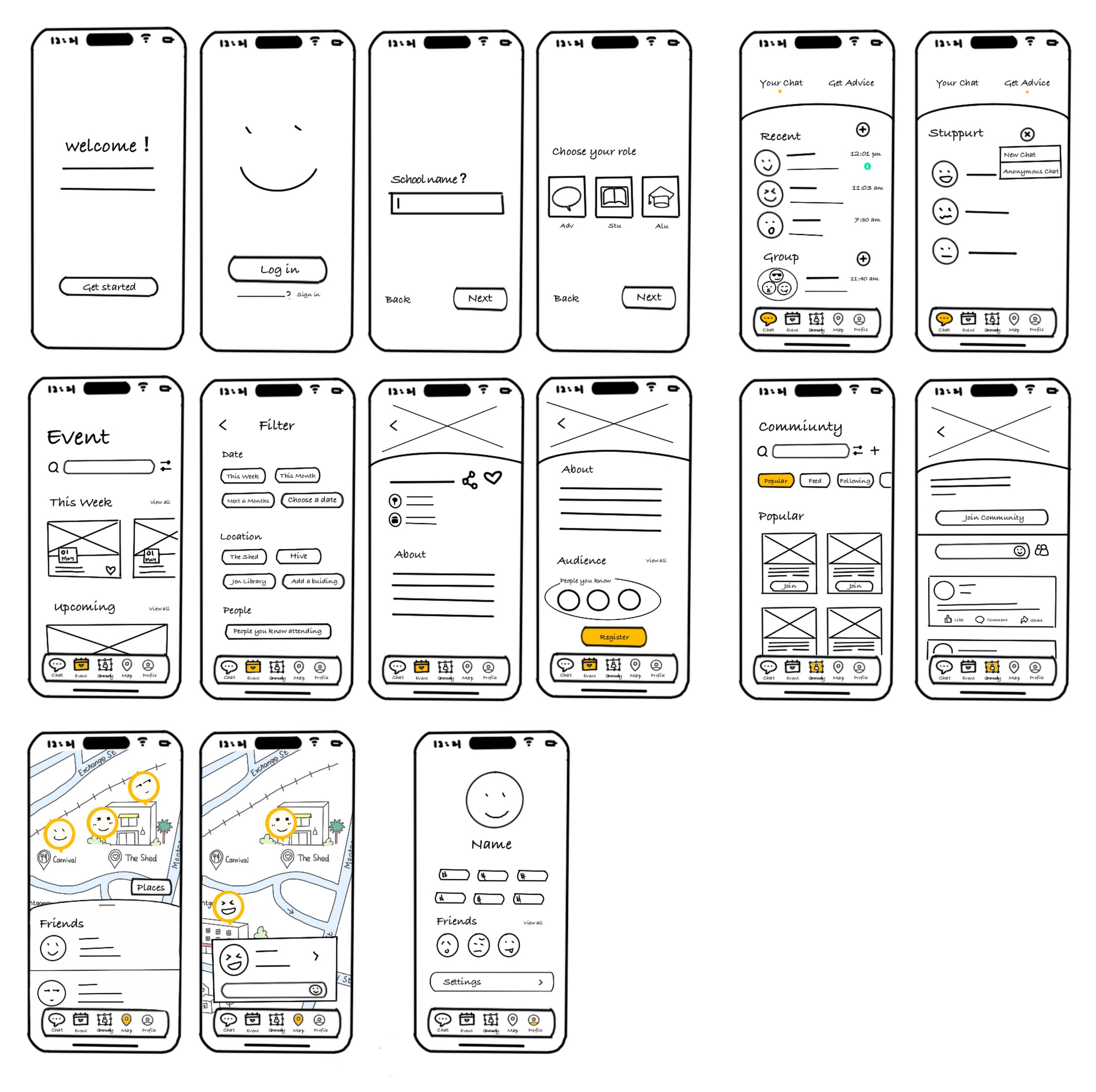 Seventeen hand-drawn low-fi wireframes: welcome, log in, school name, choose your role, chat and support, event list, filters, event details with audience and register, community, community detail, map views and profile