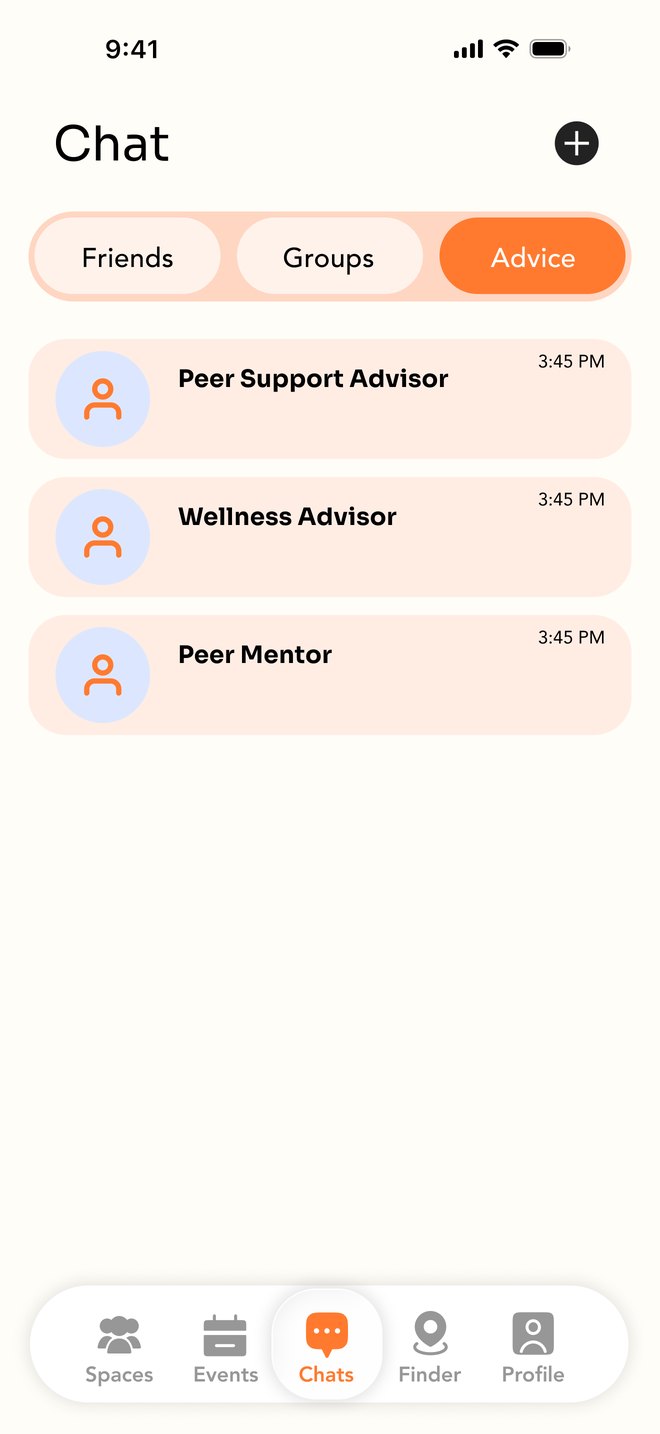 Chat after testing, Advice tab: rounded cards for Peer Support Advisor, Wellness Advisor and Peer Mentor