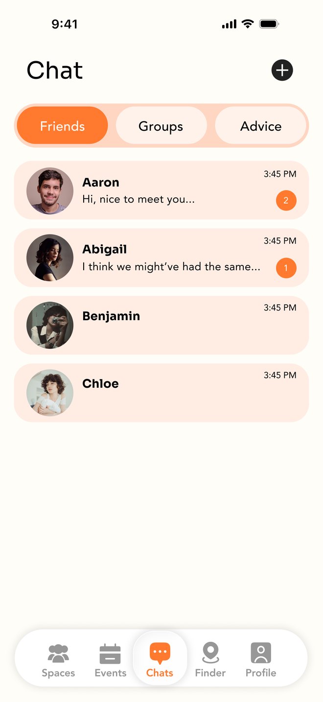 Chat after testing, Friends tab: rounded cards for Aaron, Abigail, Benjamin and Chloe with their names in bold