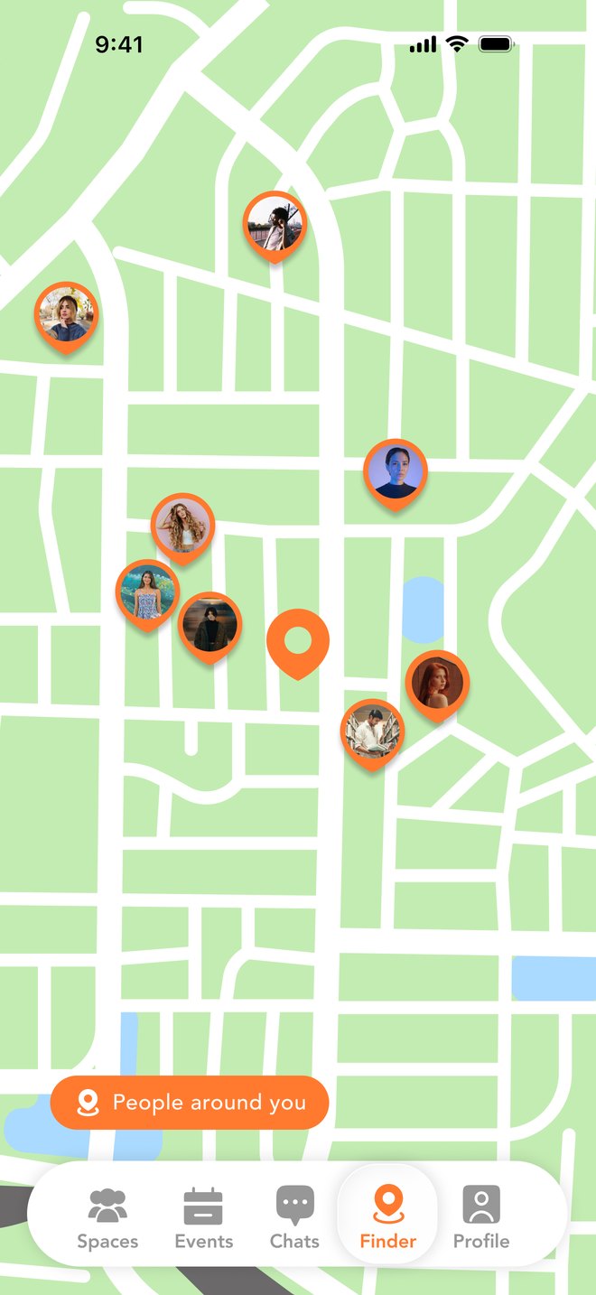 Finder after testing: a map with eight large pins showing profile photos, and a floating navigation bar labelled Spaces, Events, Chats, Finder and Profile