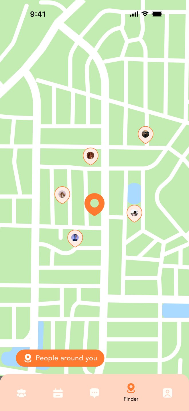 Finder before testing: a map with five small pins holding tiny profile photos, and a peach navigation bar where only Finder has a label