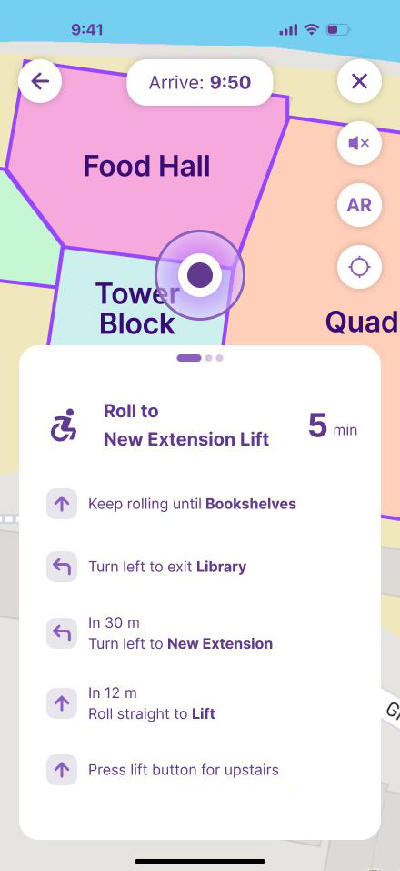 Map navigation screen: the Food Hall and Tower Block on a campus map above step-by-step directions to the New Extension Lift, 5 minutes away