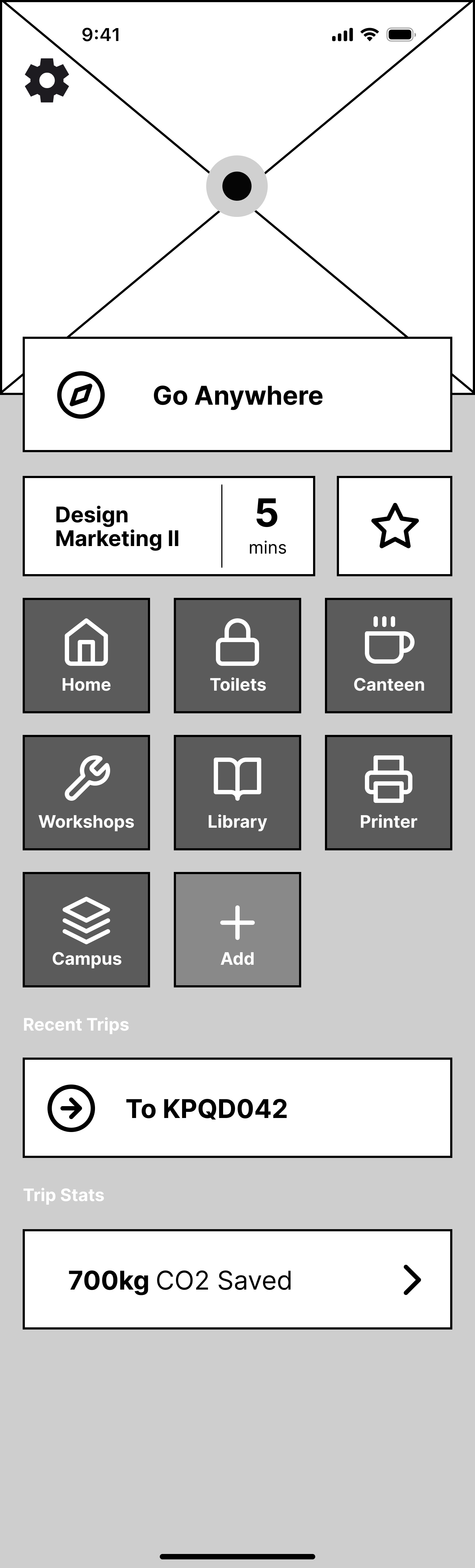 Wireframe of the home screen: a map with a Go Anywhere search bar, the next class, campus shortcut widgets, recent trips and trip stats