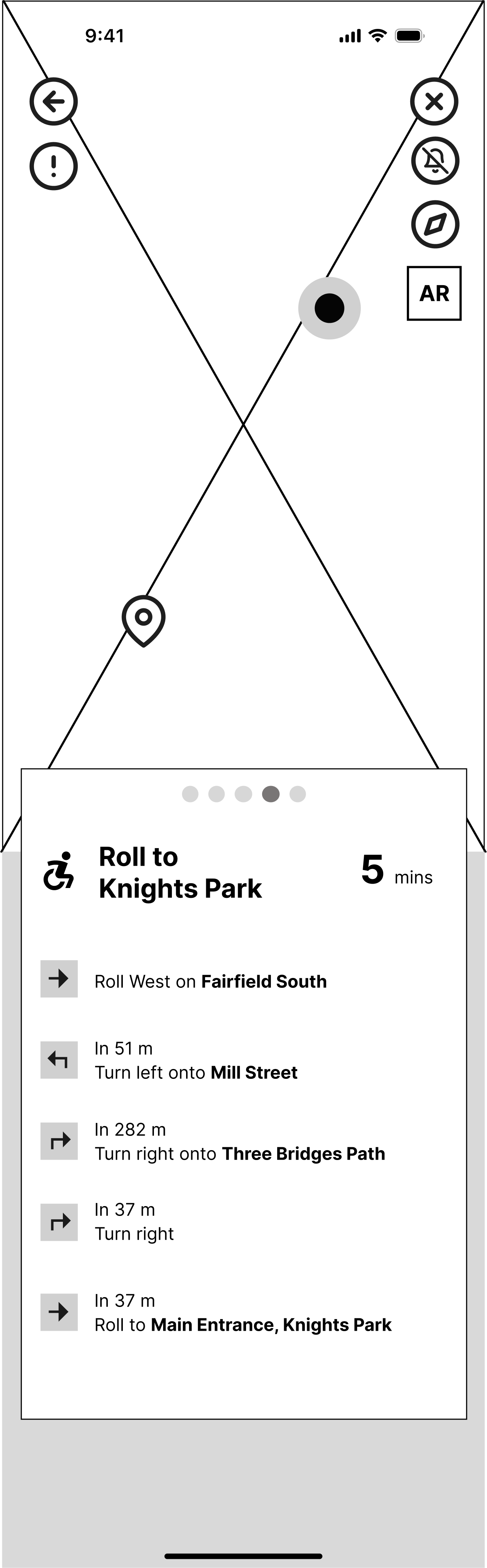 Wireframe of journey details: a map above step-by-step directions to Knights Park Library