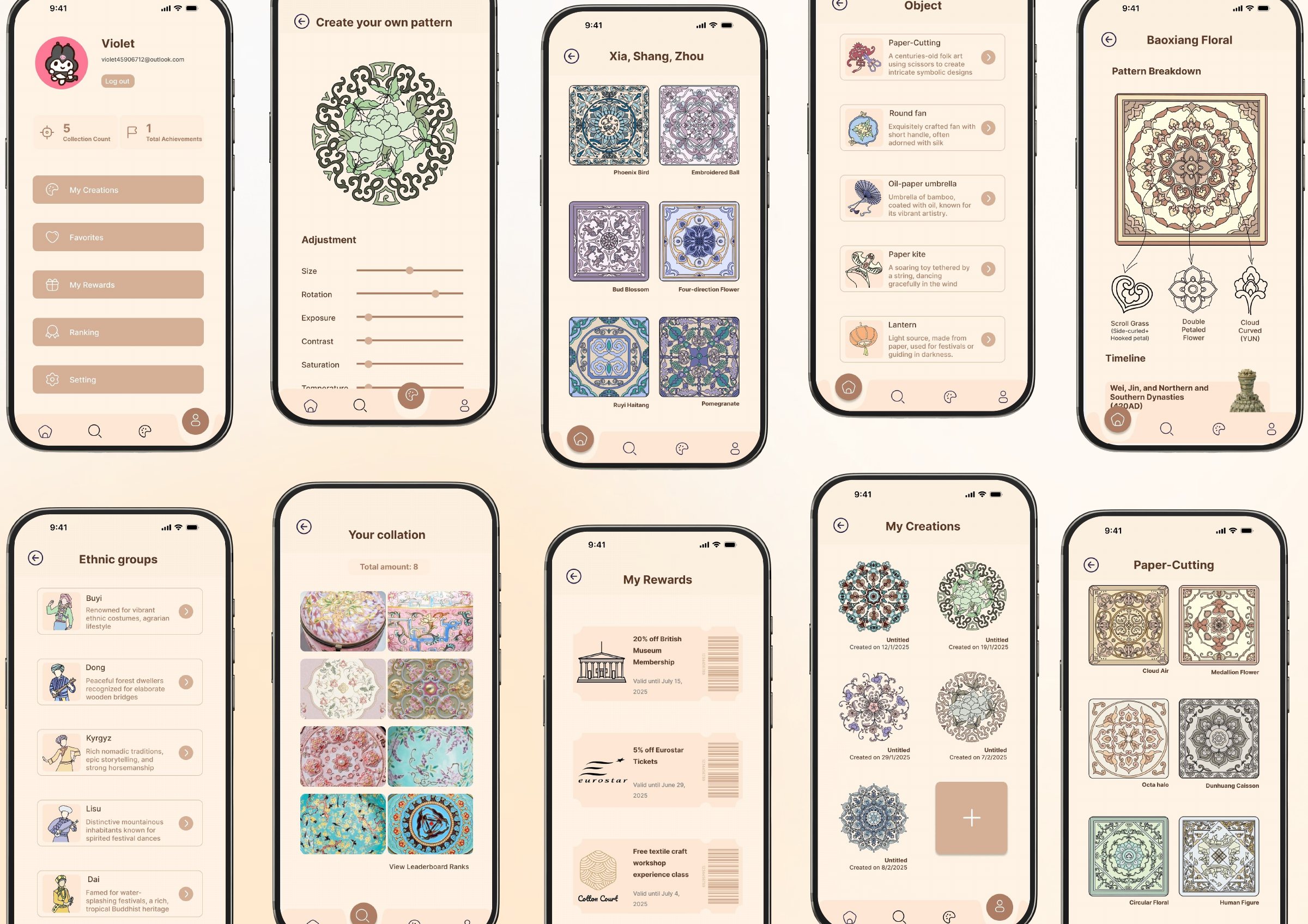 Ten high-fidelity Ornata screens: profile, create your own pattern, a dynasty collection, object list, Baoxiang Floral pattern breakdown and timeline, ethnic groups, your collation, my rewards, my creations and paper-cutting patterns