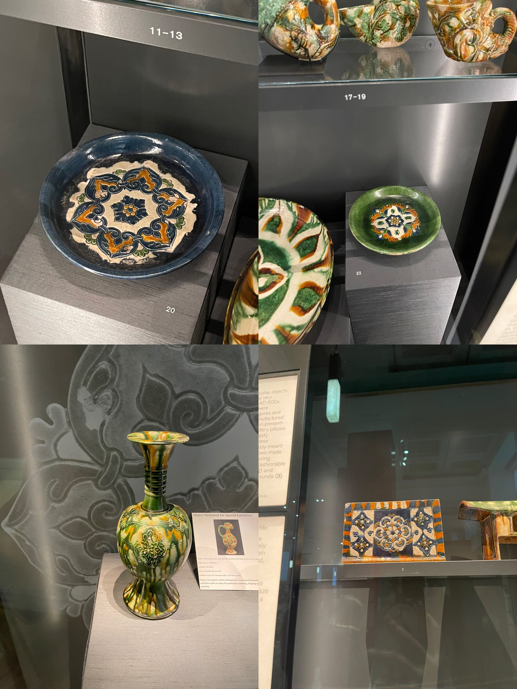 Four photographs from the British Museum: glazed dishes with blue, amber and green floral medallions, a three-colour glazed vase in front of an etched floral wall motif, and a pillow decorated with a central floral medallion