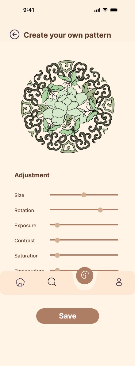 Create your own pattern after testing: the pattern preview, then an Adjustment heading above Size, Rotation, Exposure, Contrast, Saturation and Temperature sliders