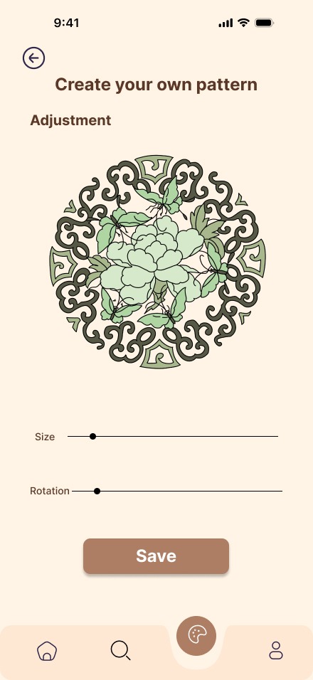 Create your own pattern before testing: the Adjustment heading above the pattern preview, and only Size and Rotation sliders below it