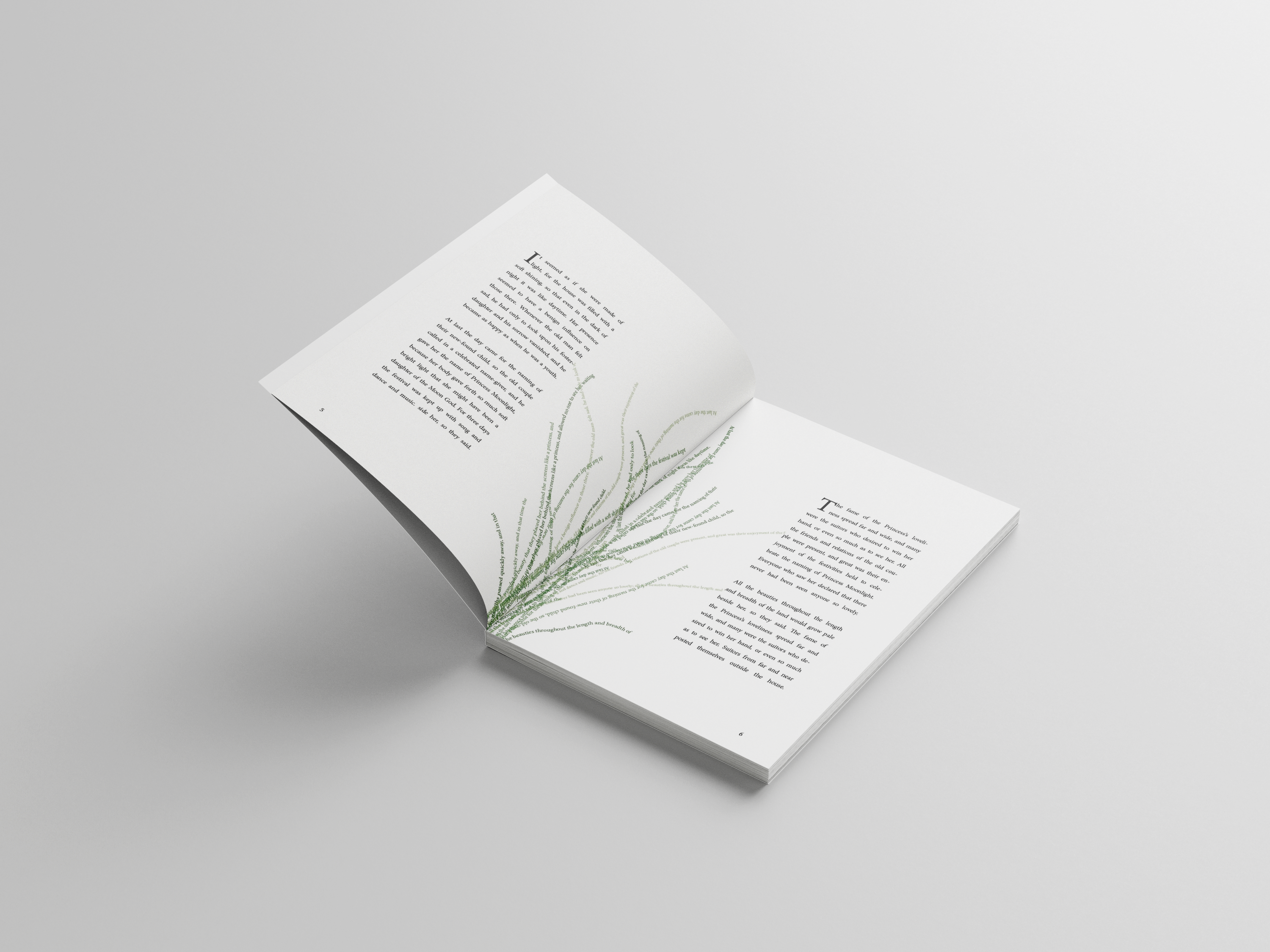 An open spread with green text branching across the pages like bamboo