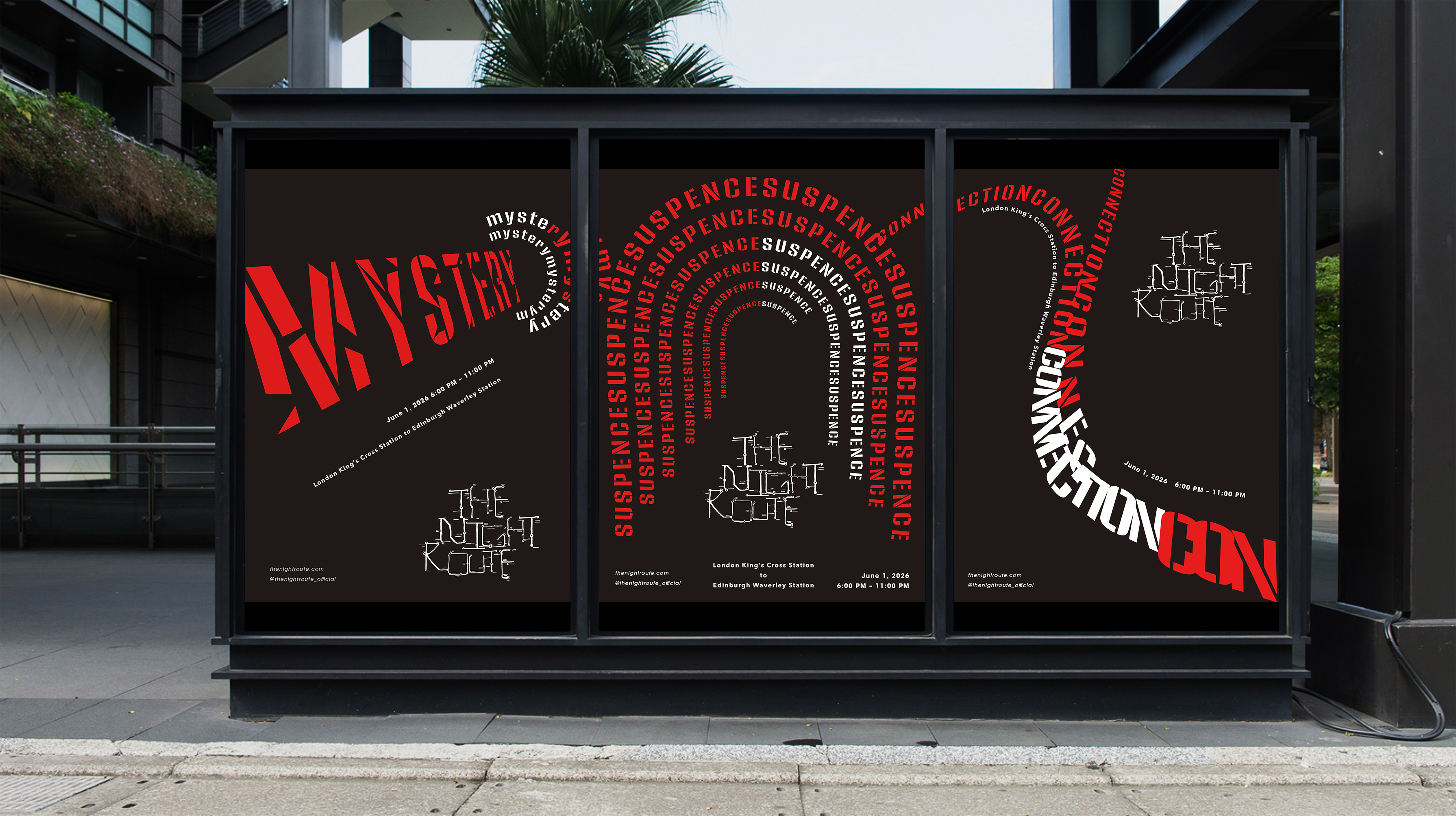 The three Night Route posters displayed side by side in a street-side mockup
